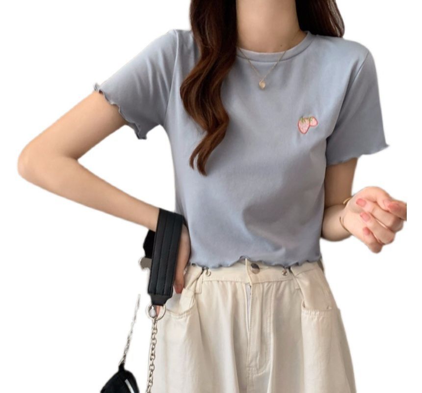 Neck Embroidered Crop T-Shirt Crew Short-Sleeve