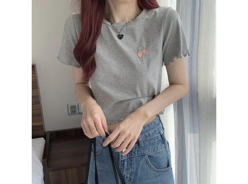 Neck Embroidered Crop T-Shirt Crew Short-Sleeve