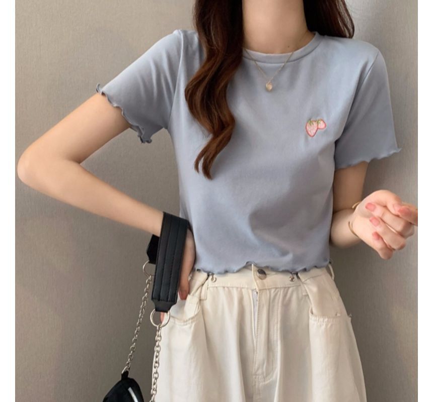 Neck Embroidered Crop T-Shirt Crew Short-Sleeve