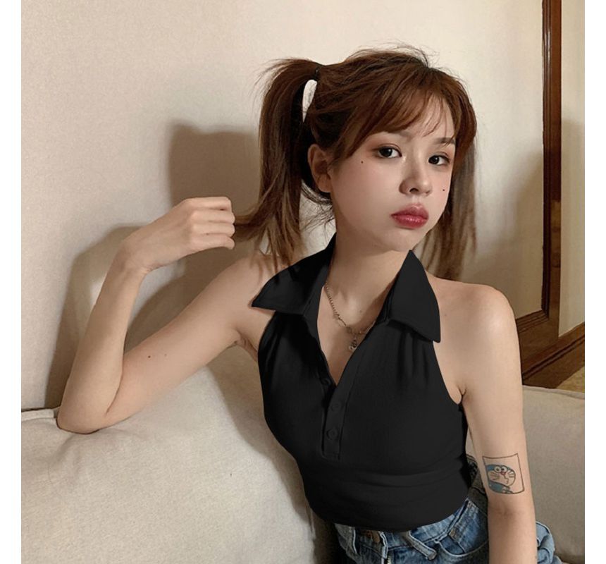 Sleeveless Polo Plain Shirt Crop