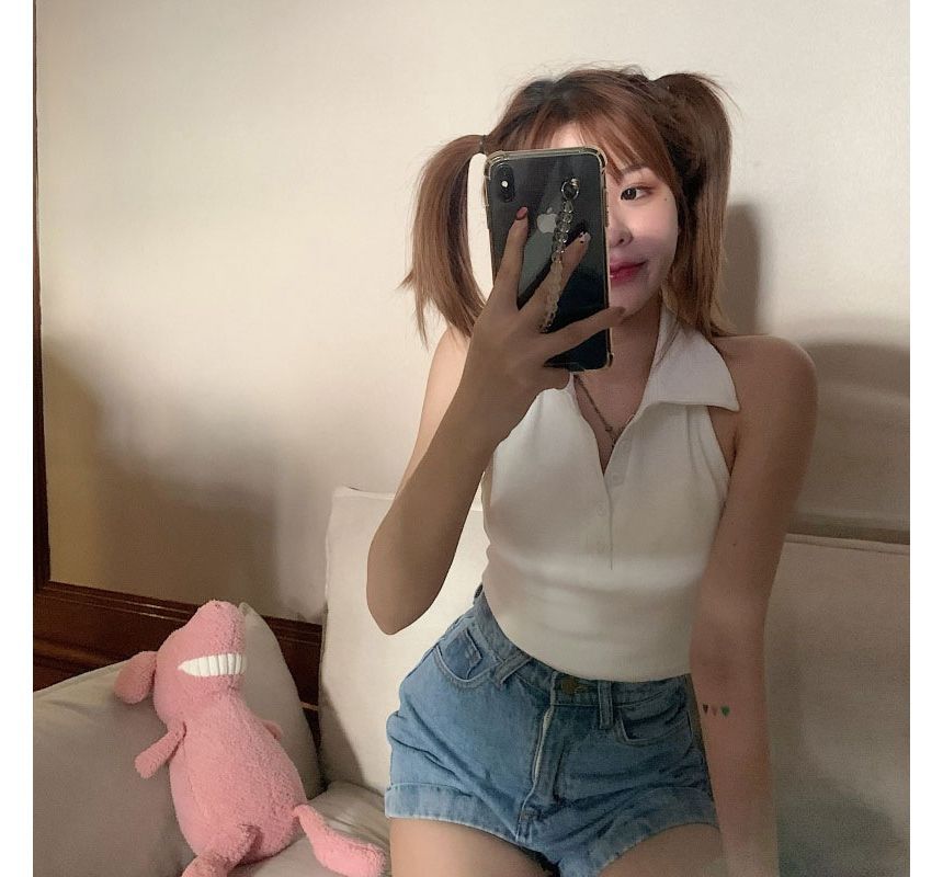 Sleeveless Polo Plain Shirt Crop