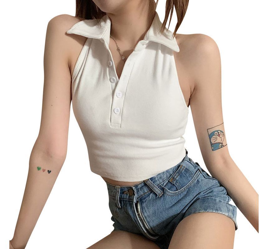 Sleeveless Polo Plain Shirt Crop