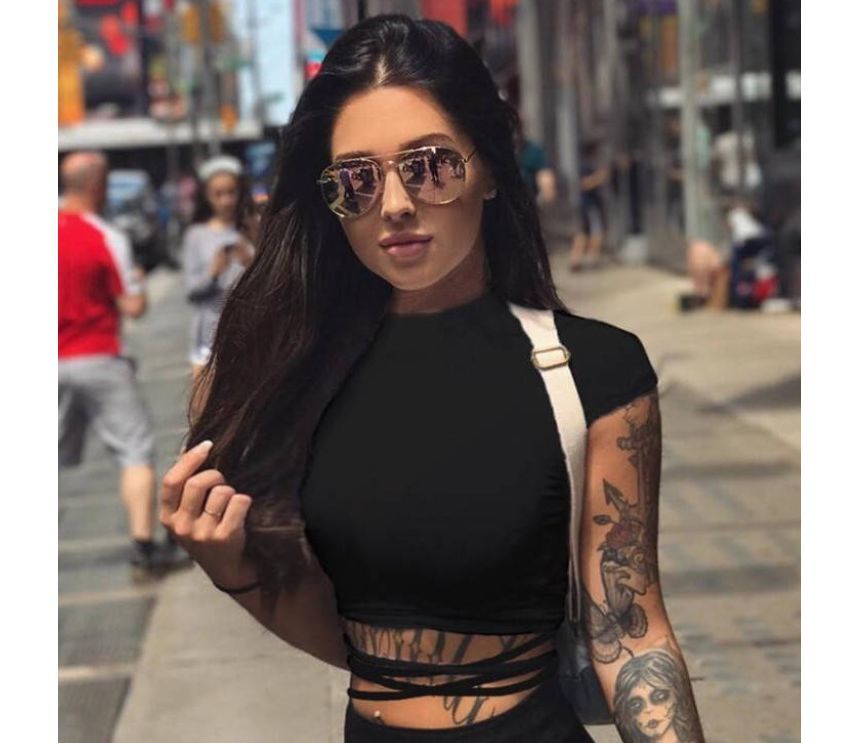 Neck Crop T-Shirt Short-Sleeve Plain Mock