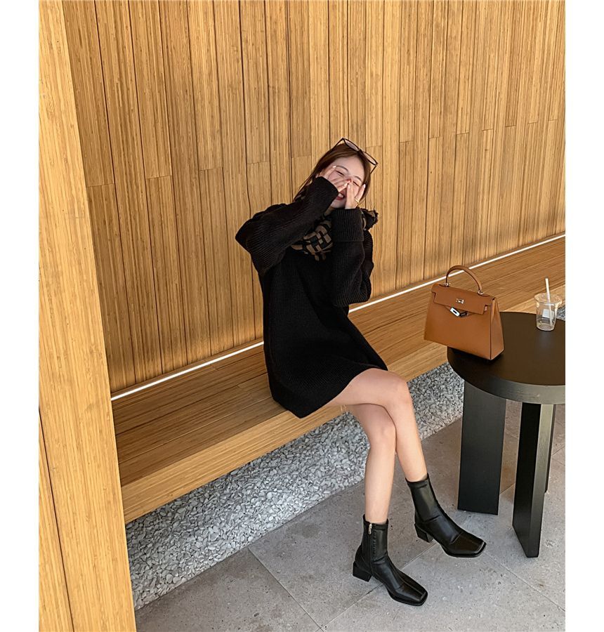 Block Boots Toe Heel Leather Faux Square Short