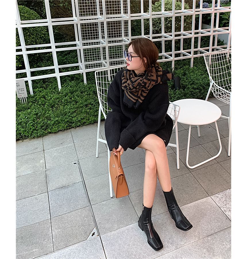 Block Boots Toe Heel Leather Faux Square Short