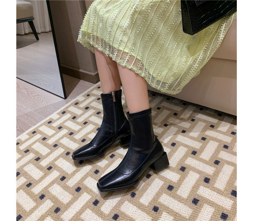 Block Boots Toe Heel Leather Faux Square Short