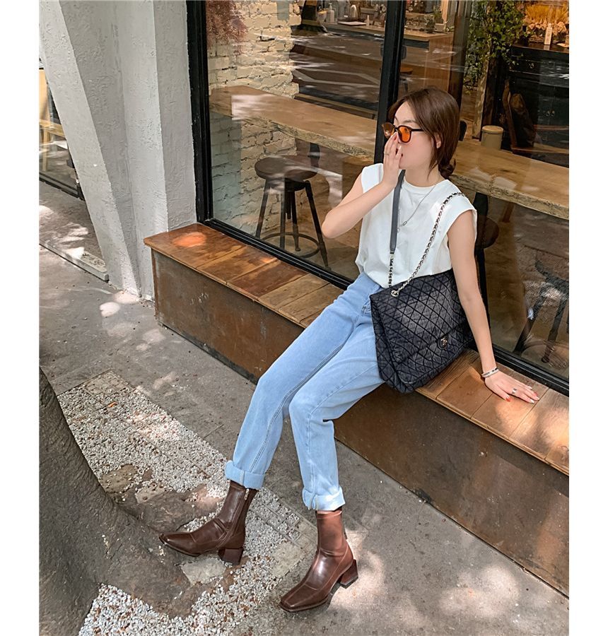 Block Boots Toe Heel Leather Faux Square Short