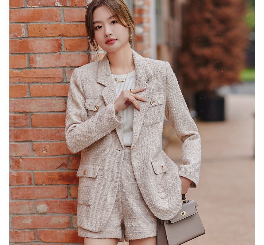 Tweed Single-Breasted Blazer / High Waist Shorts / Set