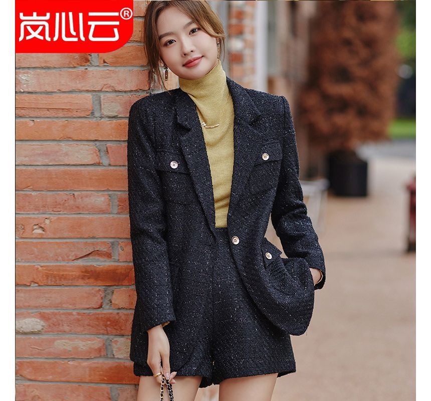 Tweed Single-Breasted Blazer / High Waist Shorts / Set