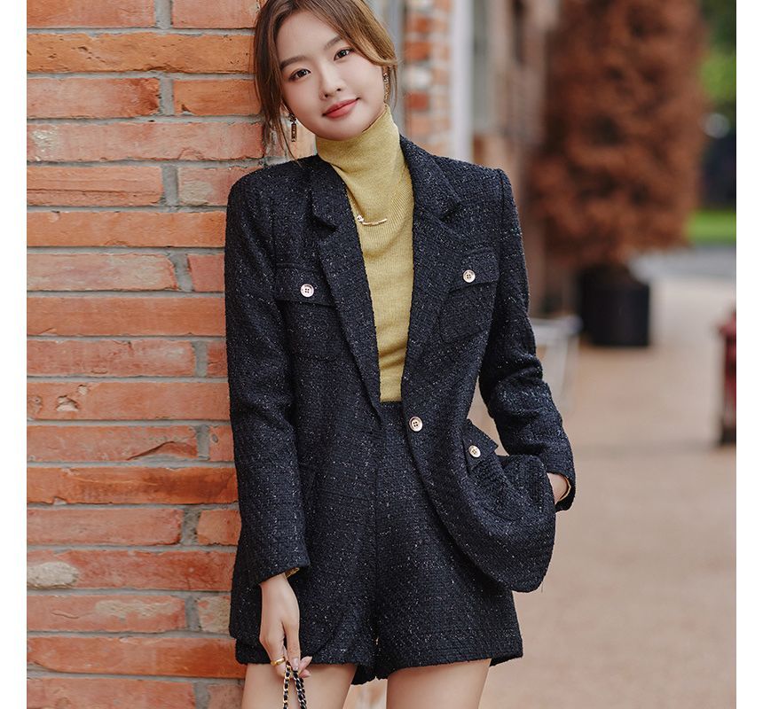 Tweed Single-Breasted Blazer / High Waist Shorts / Set