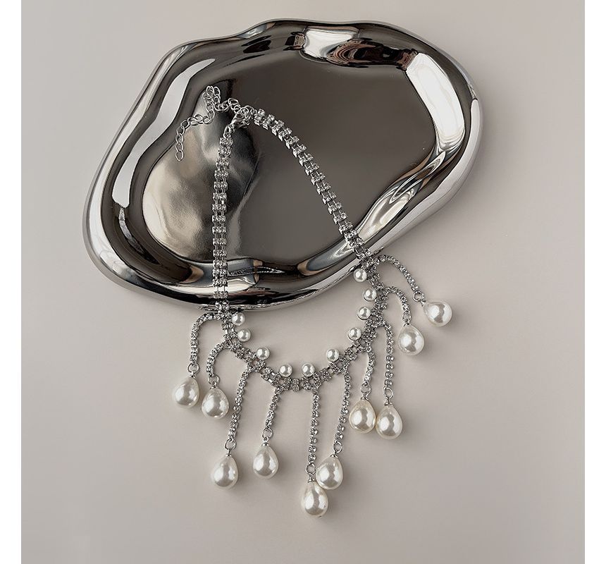 Pearl Faux Alloy Rhinestone Fringed Choker