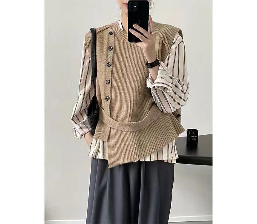 Asymmetrical Neck Vest Button-Up Crew Sweater Plain Hem