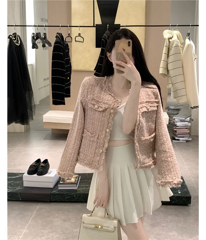 Fringed Tweed Single-Breasted Jacket