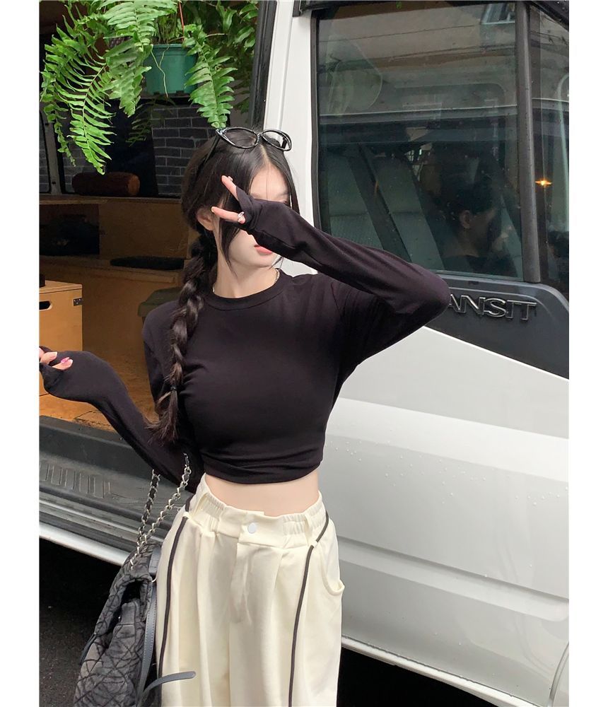 Striped Plain Crop Leg Drawstring Cutout Tee Neck Waist / Long-Sleeve Round Wide Sweatpants