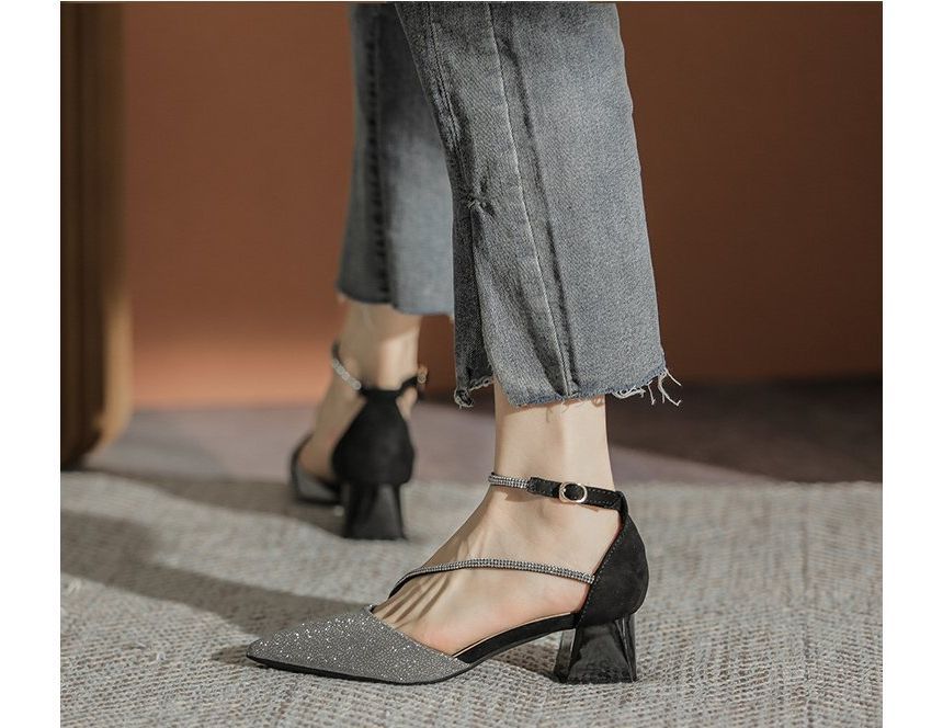 Pointy Sandals Rhinestone Heel Block