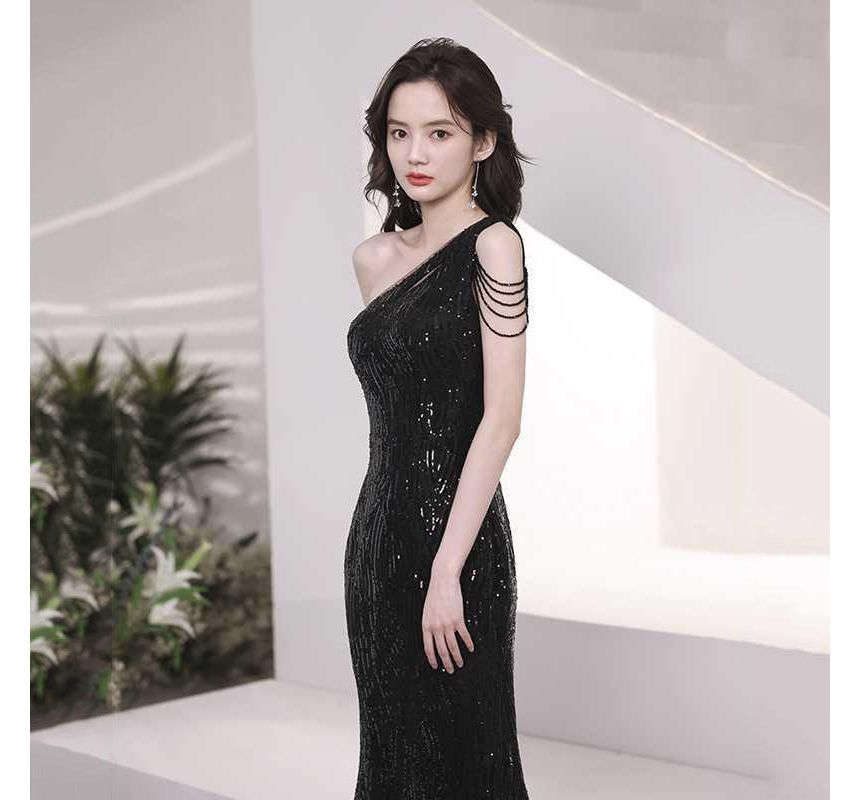 Evening Dress Sequin Mermaid Maxi Sleeveless One-Shoulder