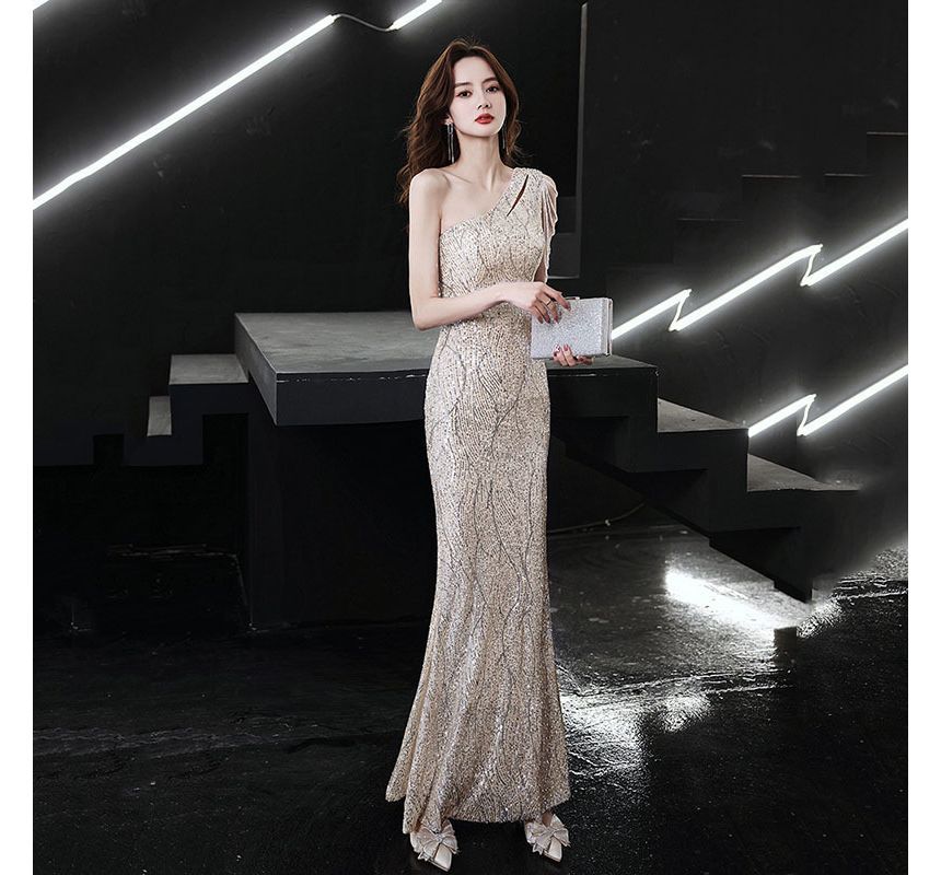Evening Dress Sequin Mermaid Maxi Sleeveless One-Shoulder