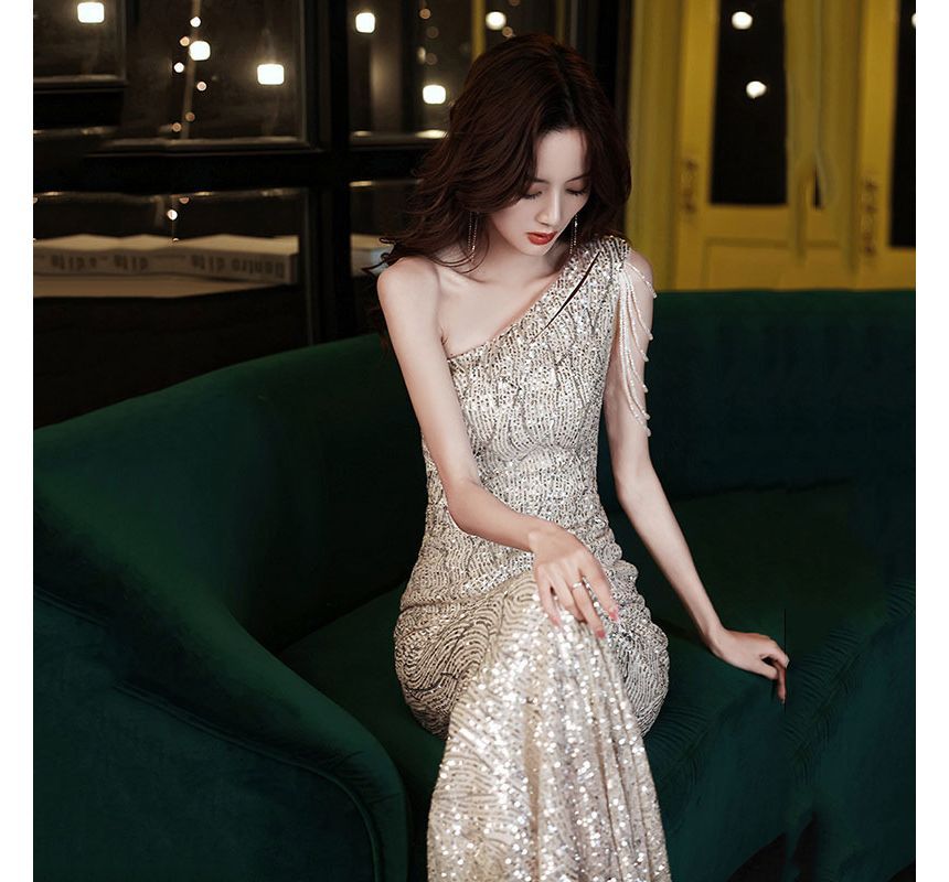 Evening Dress Sequin Mermaid Maxi Sleeveless One-Shoulder