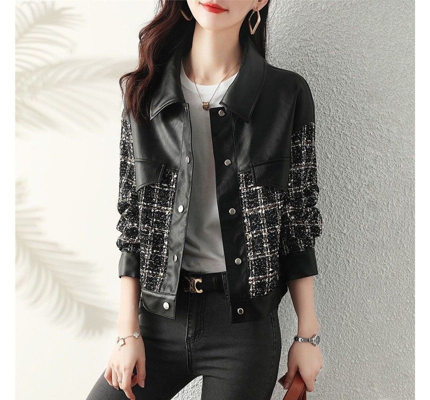 Long-Sleeve Tweed Panel Faux Leather Jacket