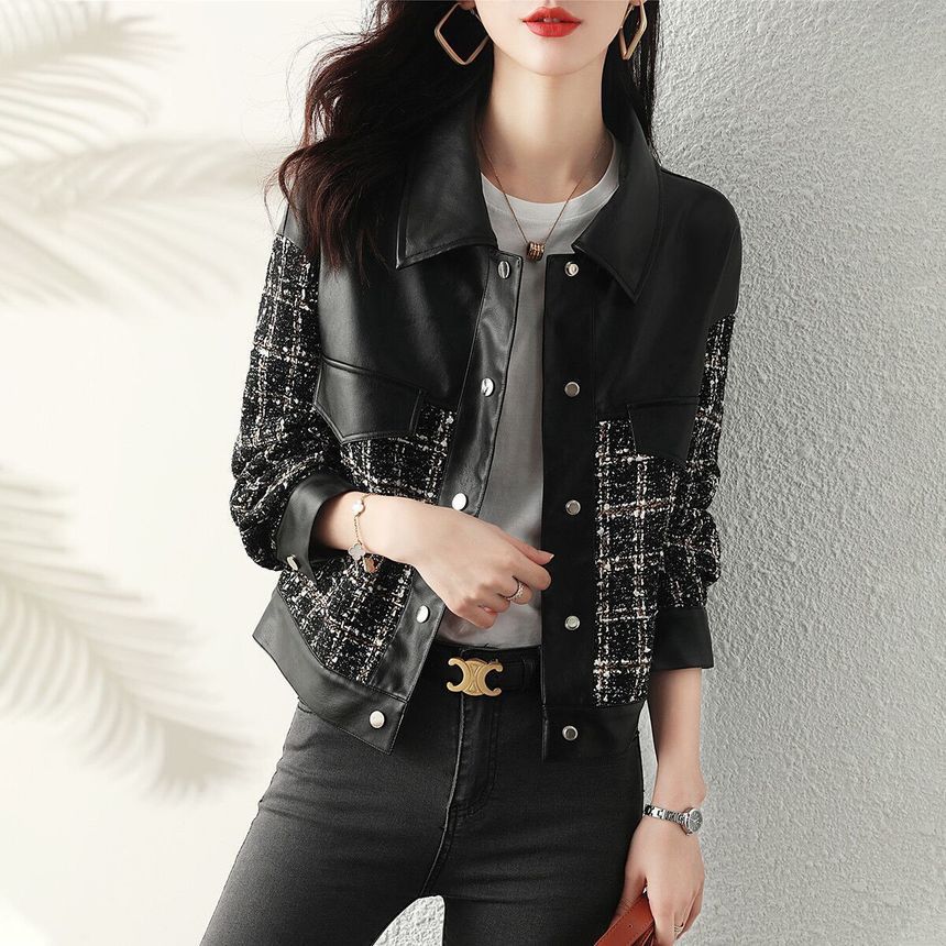 Long-Sleeve Tweed Panel Faux Leather Jacket