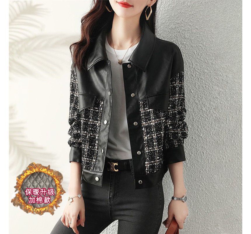 Long-Sleeve Tweed Panel Faux Leather Jacket