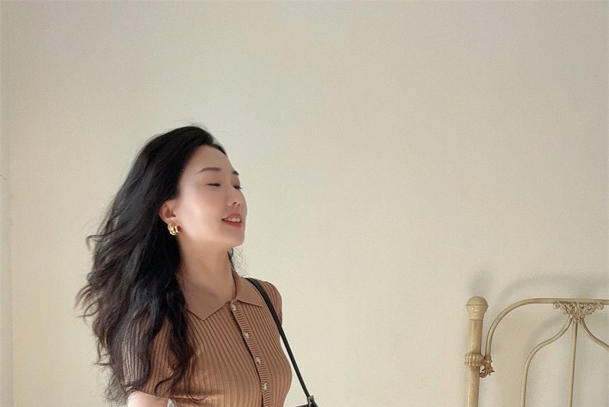 Sheath Short-Sleeve Dress Knit Midi Plain Polo