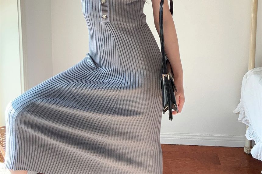 Sheath Short-Sleeve Dress Knit Midi Plain Polo