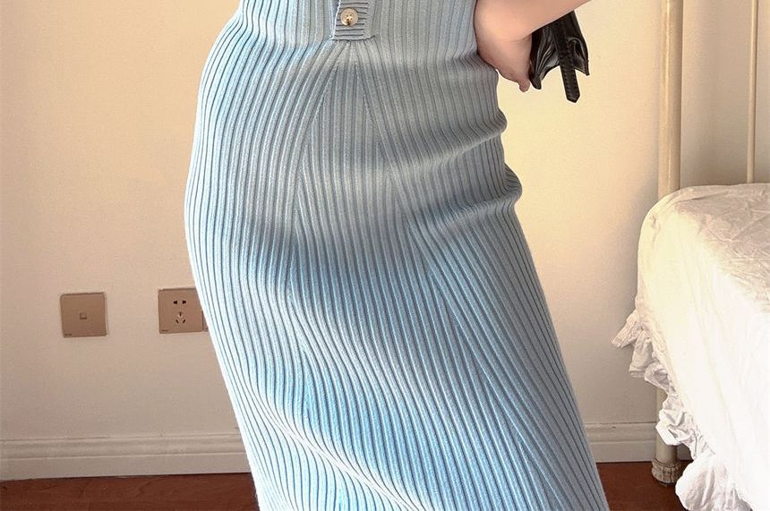 Sheath Short-Sleeve Dress Knit Midi Plain Polo