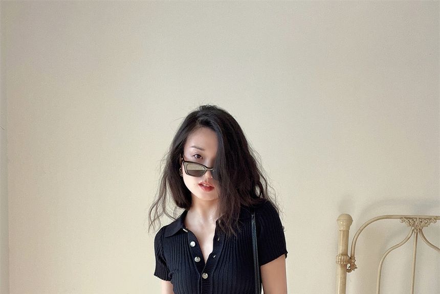 Sheath Short-Sleeve Dress Knit Midi Plain Polo