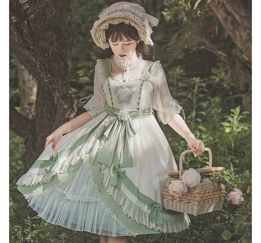 Lolita Flower Embroidered Lace Trim Bow Dungaree Dress / A-Line Skirt – MK Kawaii Store