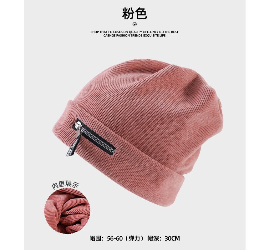 Detail Zip Ribbed Beanie