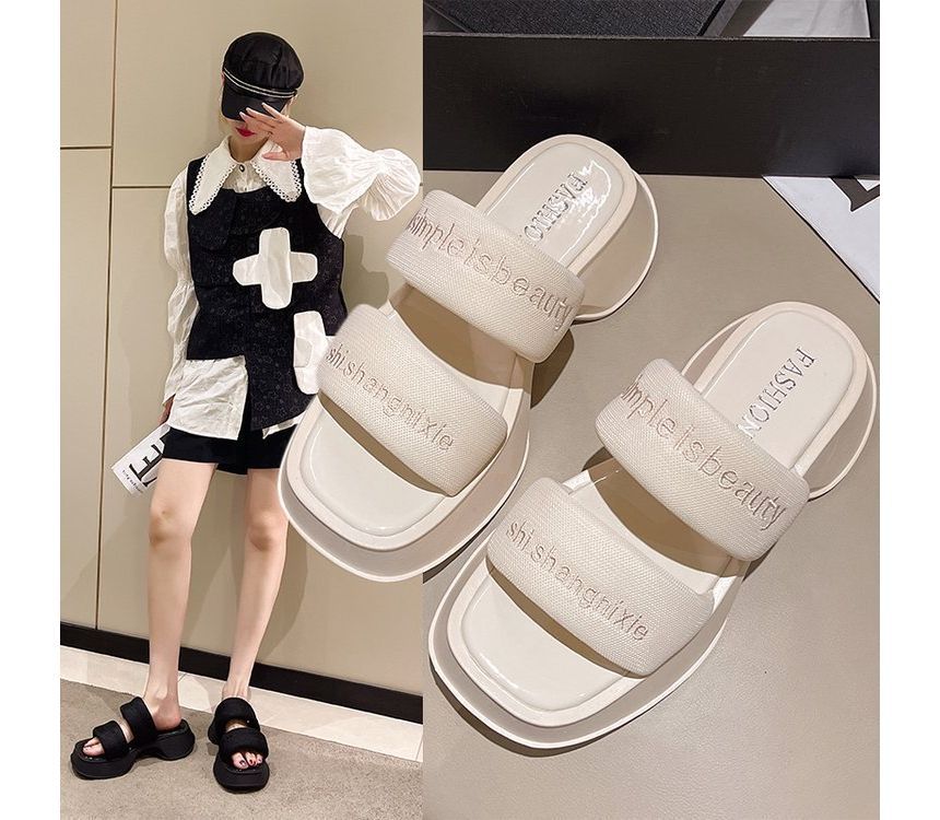Lettering Embroidery Slide Sandals Platform