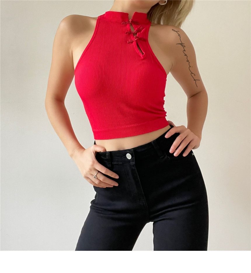 Button Padded Top Crop Tank Plain Frog