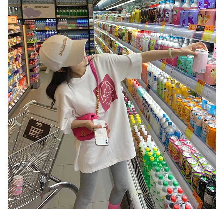 Cartoon Neck Elbow-Sleeve Print Crew T-Shirt