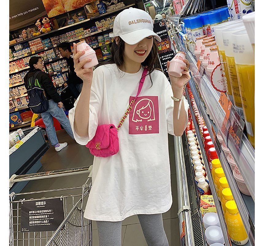 Cartoon Neck Elbow-Sleeve Print Crew T-Shirt