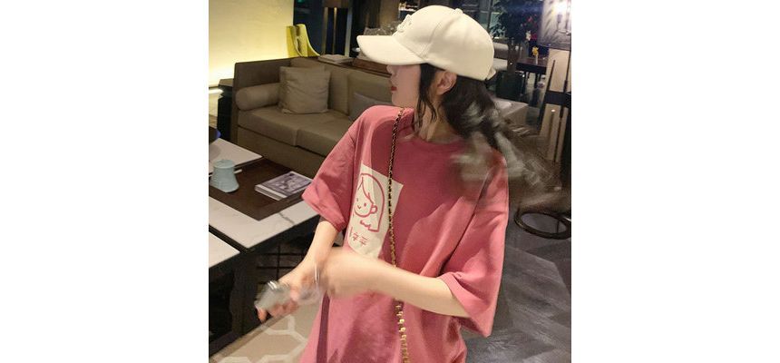 Cartoon Neck Elbow-Sleeve Print Crew T-Shirt