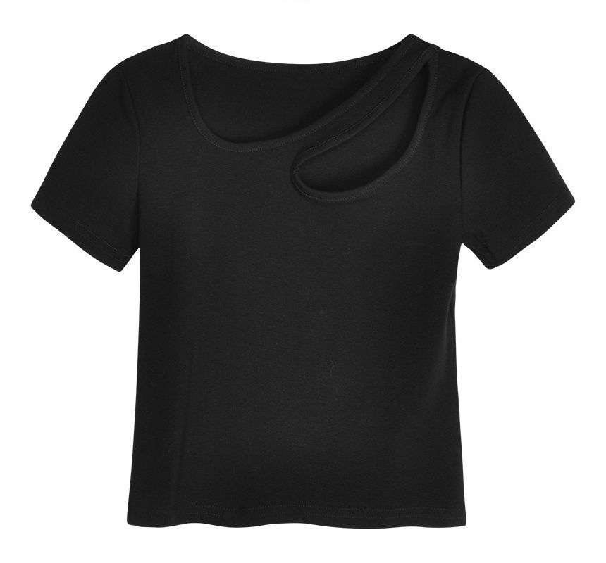 Cutout Asymmetrical T-Shirt Short-Sleeve Neck Plain