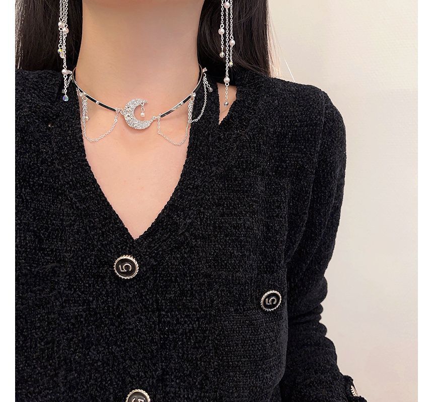 Alloy Star / Fringed Moon Choker Earring