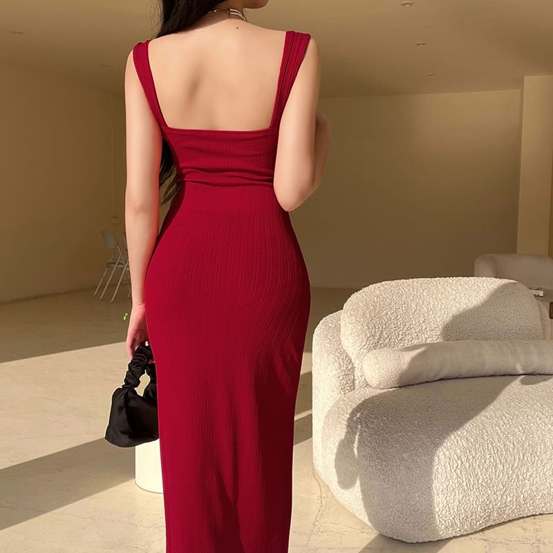 Sleeveless Dress Plain Maxi Sheath Square Neck