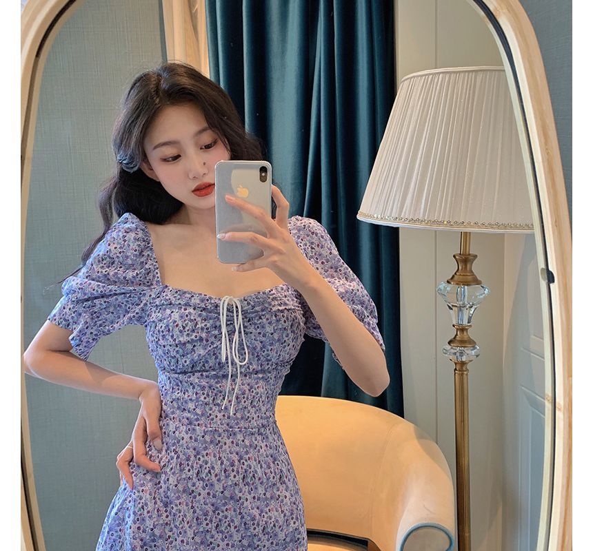 Dress Neck Square Short-Sleeve Floral Sheath Mini