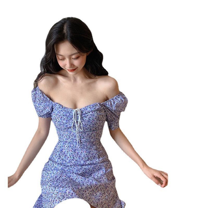 Dress Neck Square Short-Sleeve Floral Sheath Mini