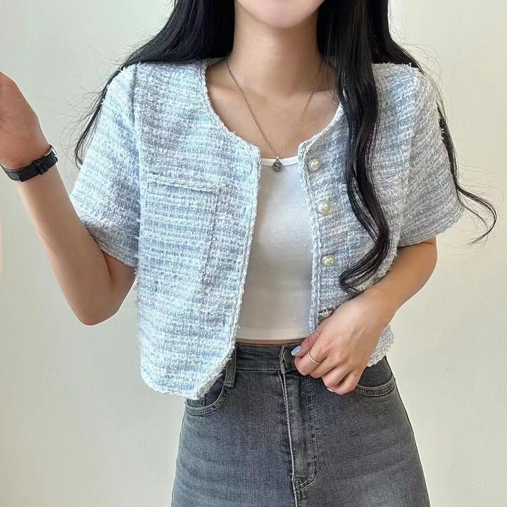 Short Sleeve Single Breasted Tweed Crop Blazer