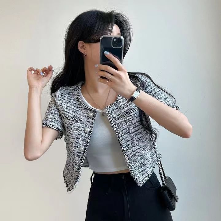 Short Sleeve Single Breasted Tweed Crop Blazer