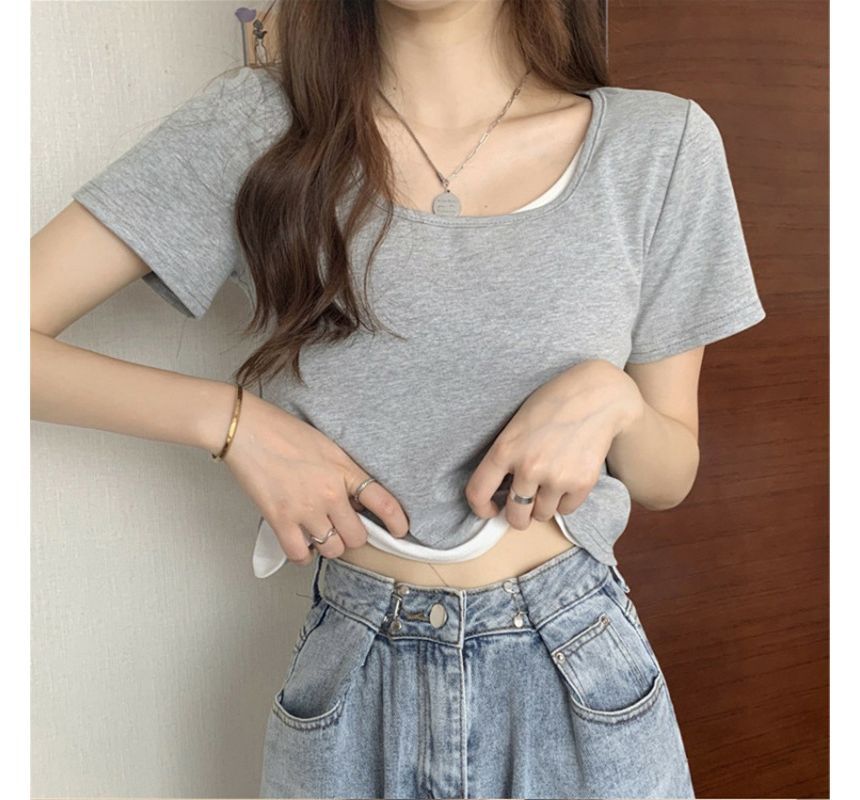 Scoop Two Piece Neck Mock Short-Sleeve Tee
