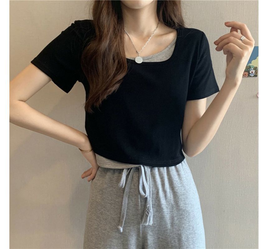 Scoop Two Piece Neck Mock Short-Sleeve Tee