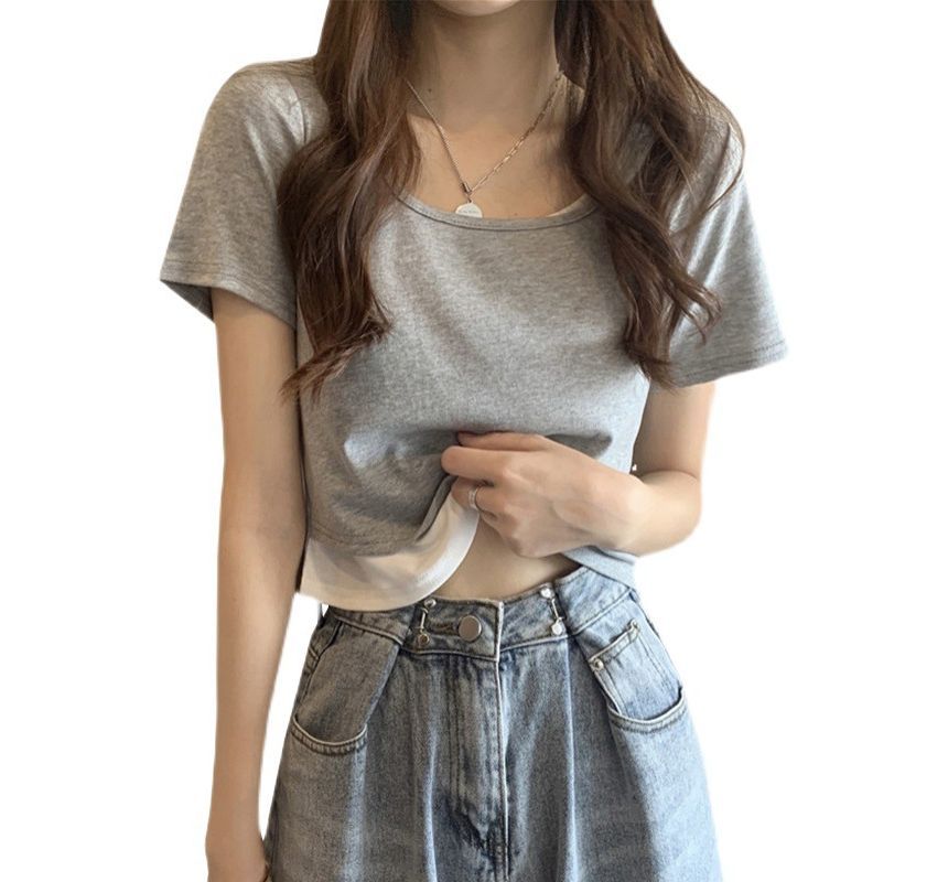 Scoop Two Piece Neck Mock Short-Sleeve Tee