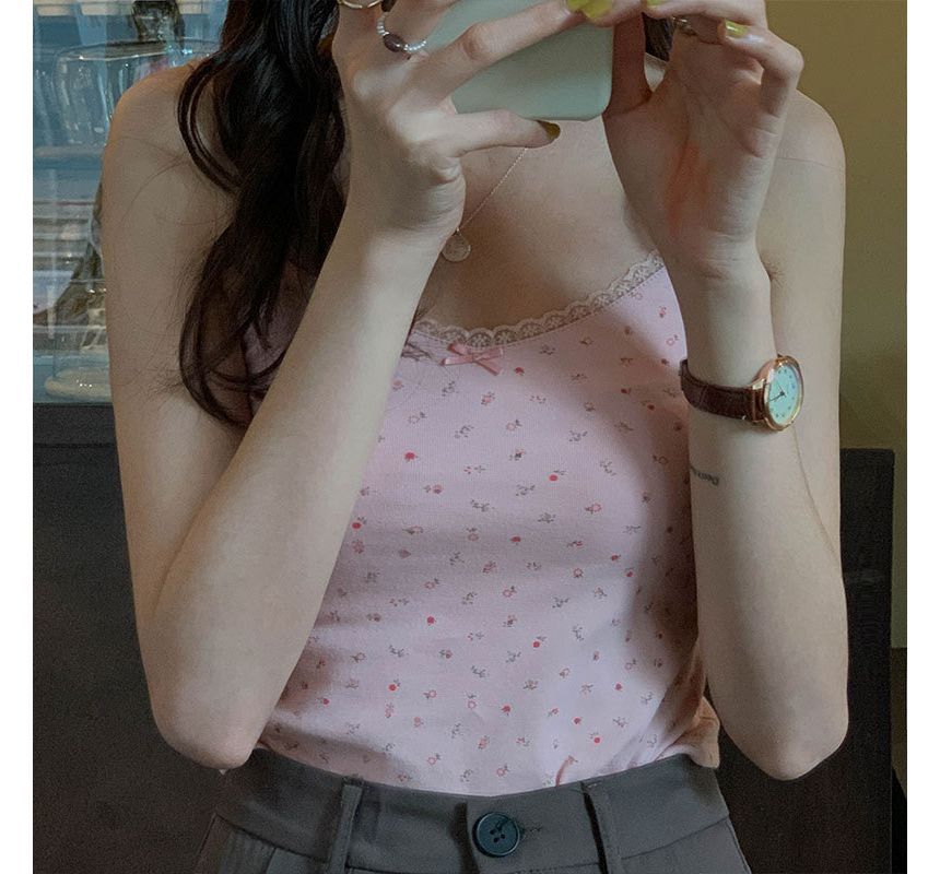 Lace Floral Trim Camisole Crop Print Top