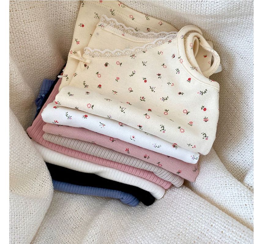 Lace Floral Trim Camisole Crop Print Top