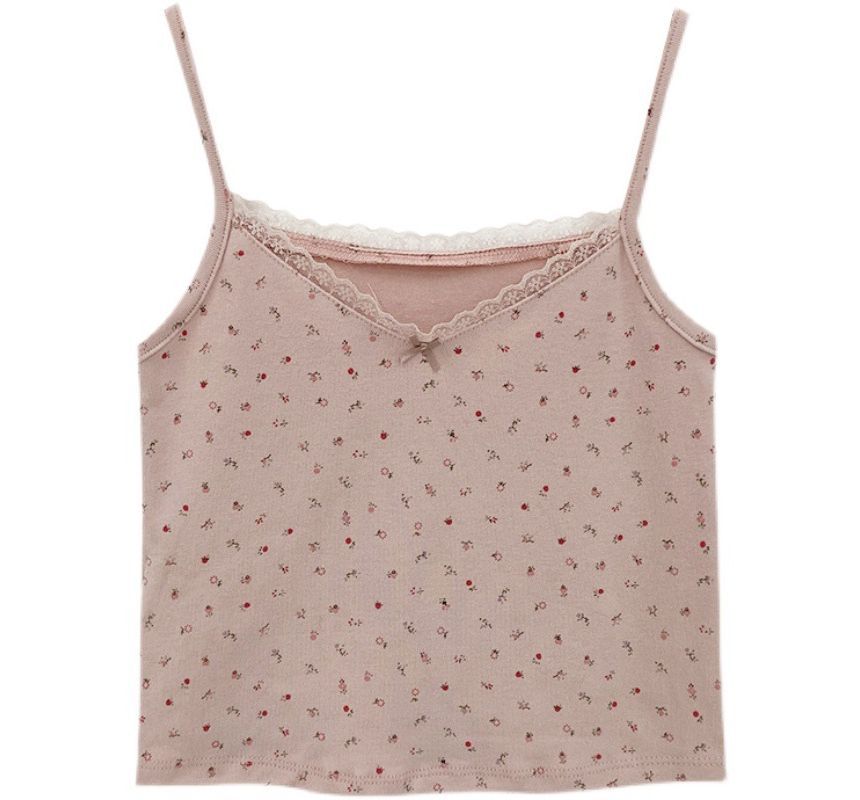 Lace Floral Trim Camisole Crop Print Top