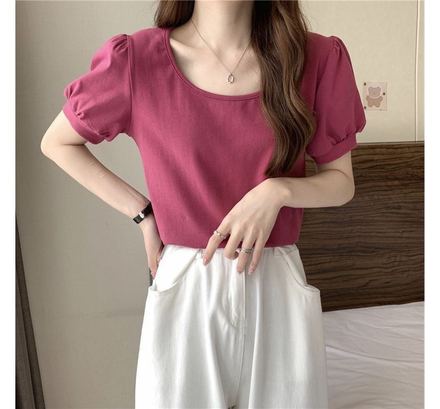 Neck Scoop Plain Puff-Sleeve T-Shirt